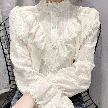 Vintage Ruffled Lace White Shirt Long Sleeve Casual Crop Top blouse-250126