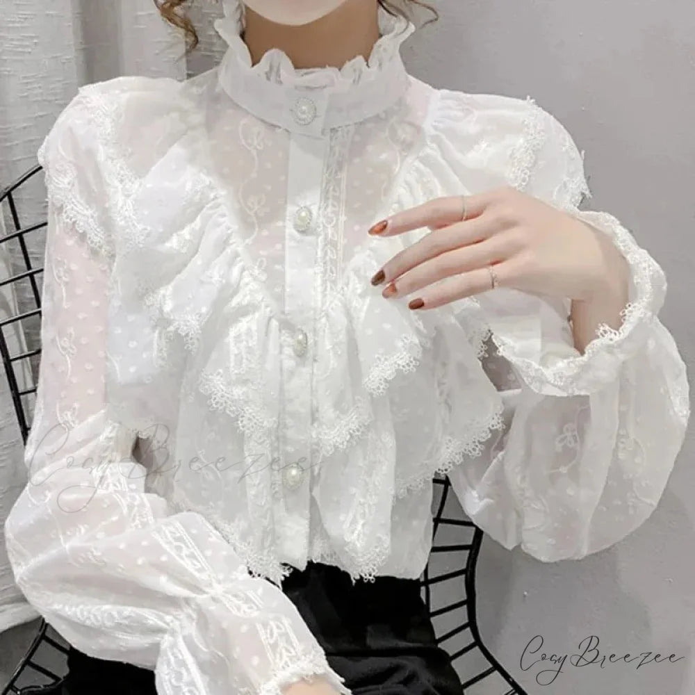 Vintage Ruffled Lace White Shirt Long Sleeve Casual Crop Top WHITE / S blouse-250126
