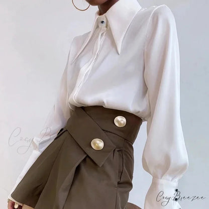 Vintage Satin Silk Turn Down Collar Crop Top blouse-250126