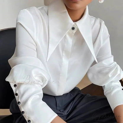 Vintage Satin Silk Turn Down Collar Crop Top blouse-250126