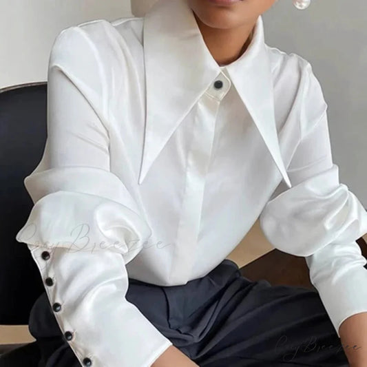 Vintage Satin Silk Turn Down Collar Crop Top blouse-250126