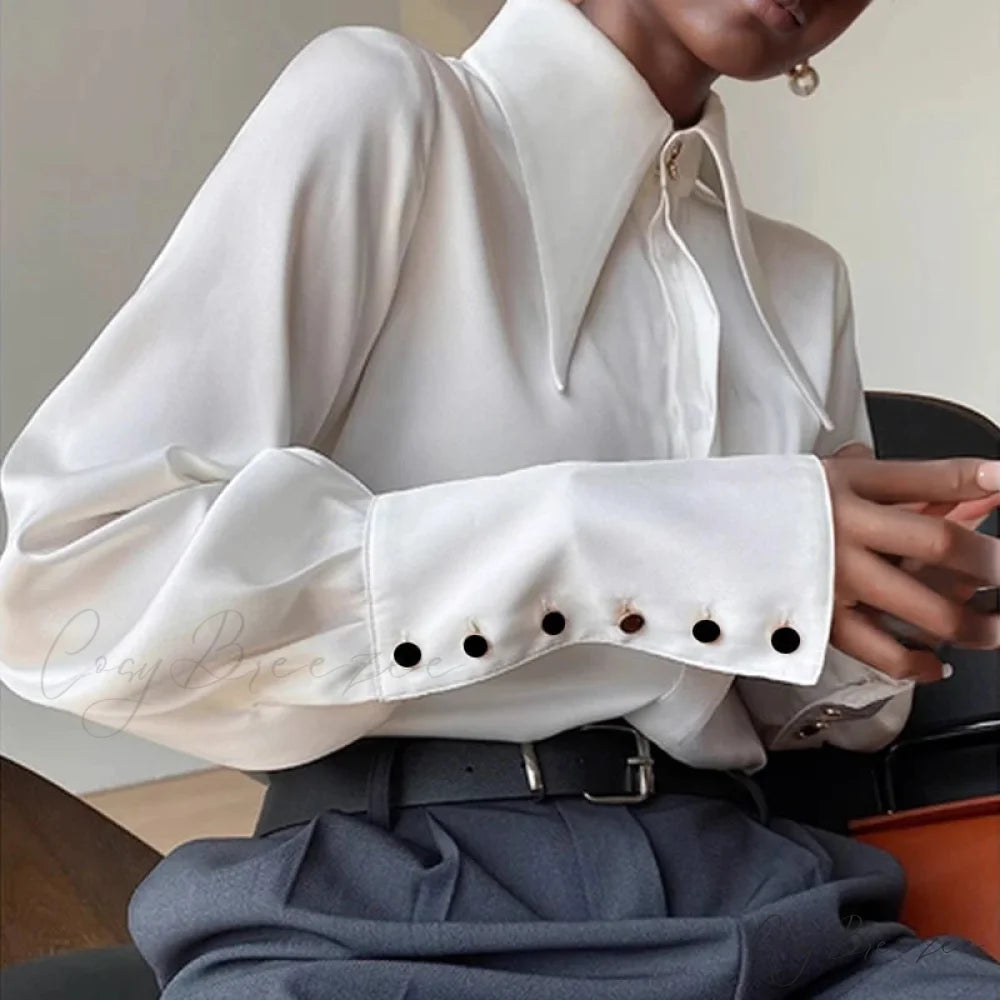 Vintage Satin Silk Turn Down Collar Crop Top blouse-250126