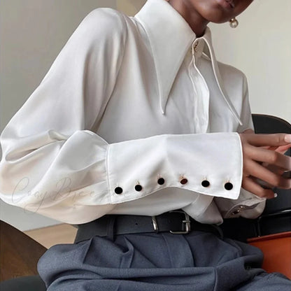 Vintage Satin Silk Turn Down Collar Crop Top blouse-250126