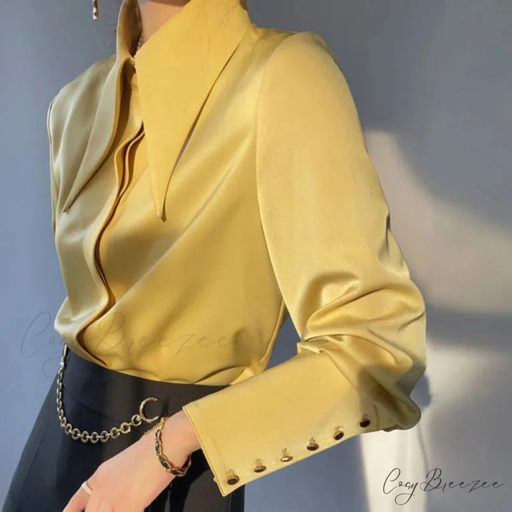 Vintage Satin Silk Turn Down Collar Crop Top blouse-250126