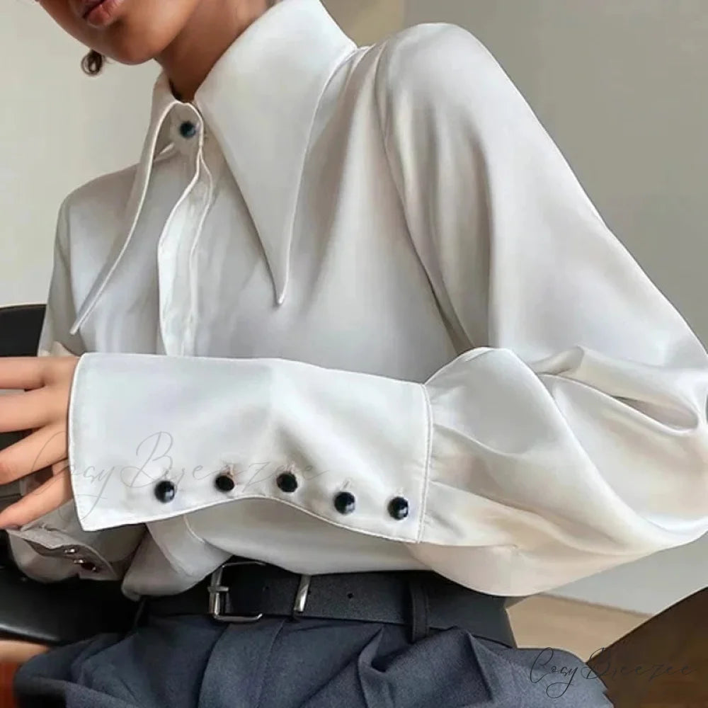 Vintage Satin Silk Turn Down Collar Crop Top WHITE / S blouse-250126