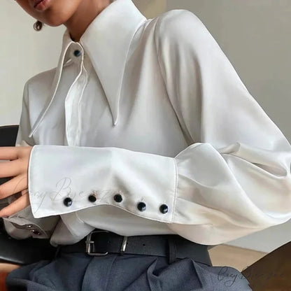 Vintage Satin Silk Turn Down Collar Crop Top WHITE / S blouse-250126
