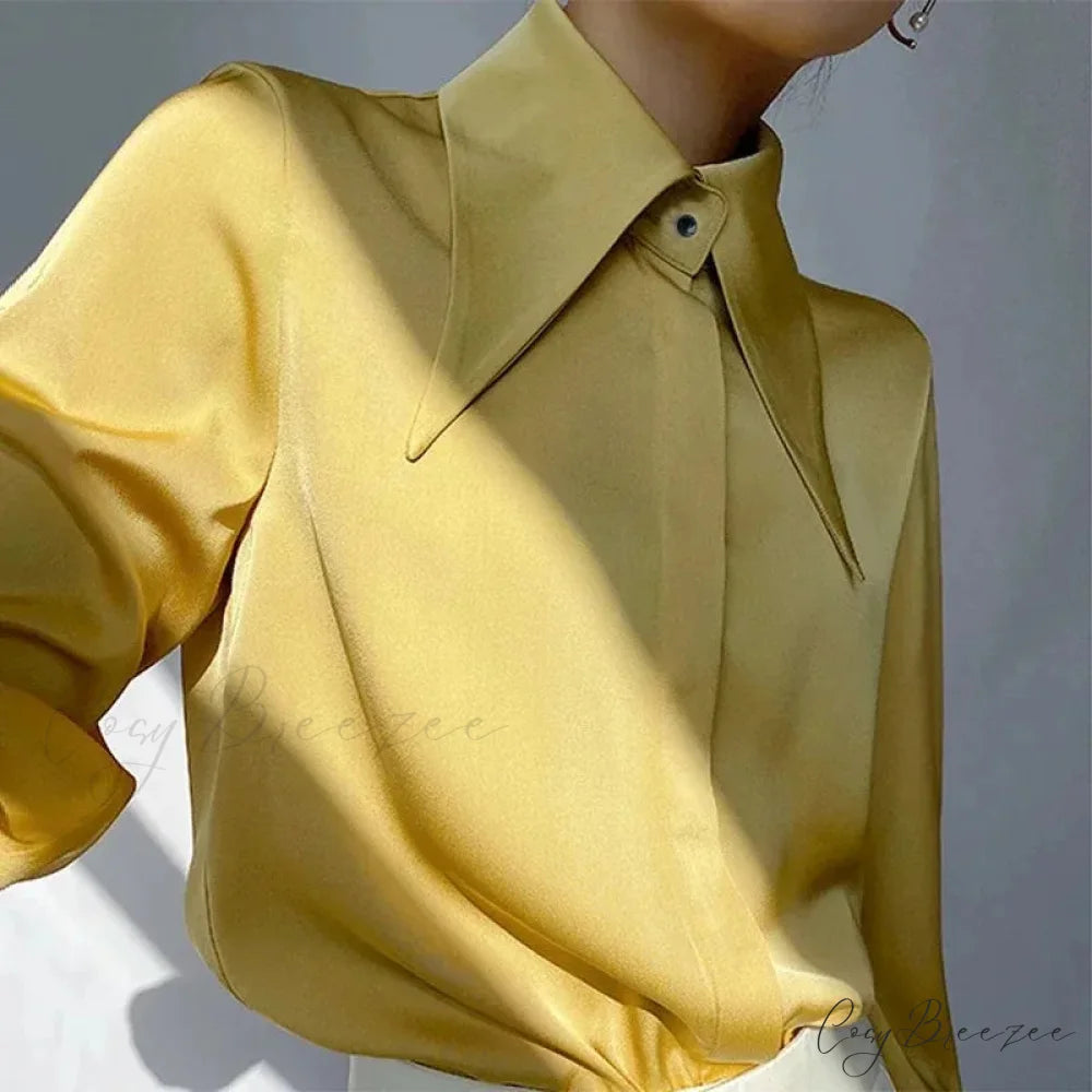 Vintage Satin Silk Turn Down Collar Crop Top Yellow / S blouse-250126