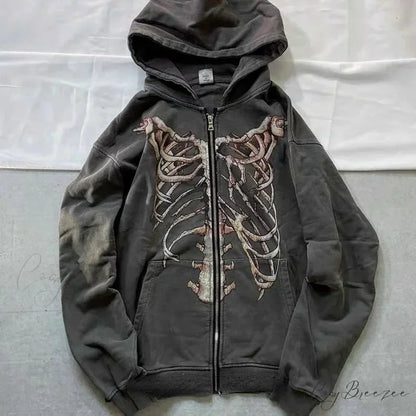 Vintage Skull Rose Print Hoodie black 15 / S hoodies-241228