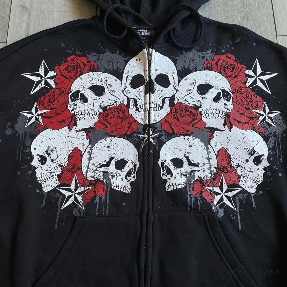 Vintage Skull Rose Print Hoodie hoodies-241228