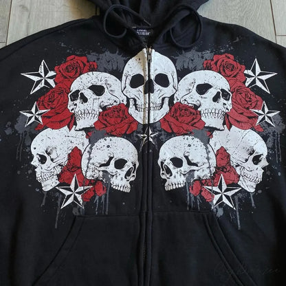 Vintage Skull Rose Print Hoodie hoodies-241228