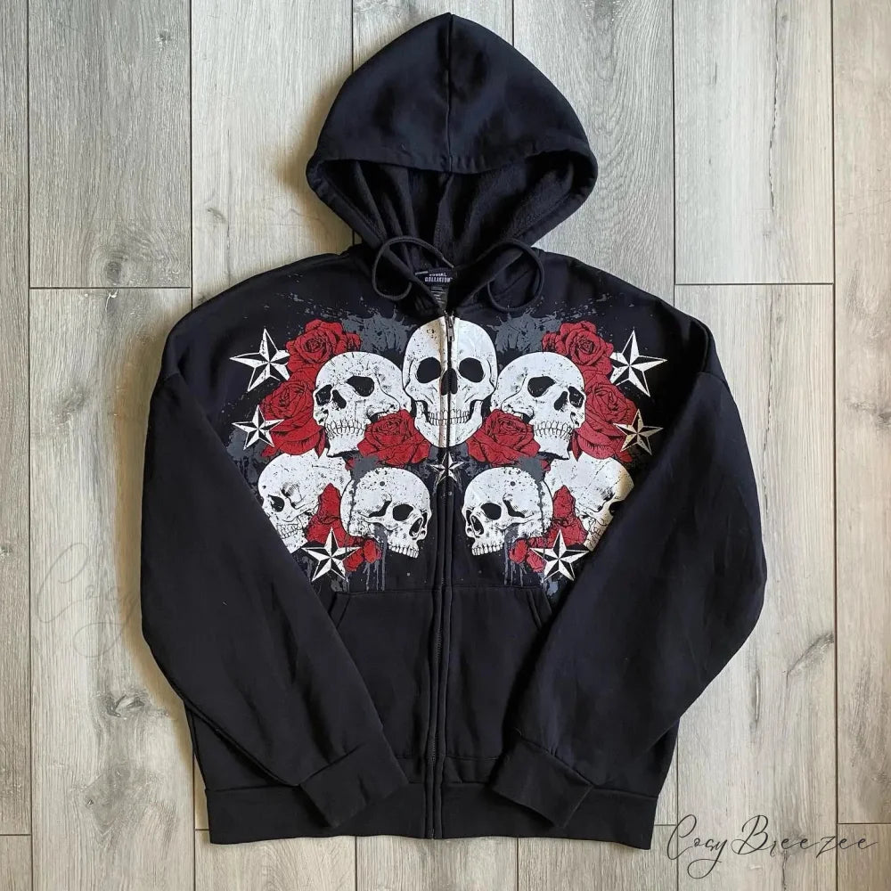 Vintage Skull Rose Print Hoodie hoodies-241228