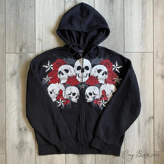 Vintage Skull Rose Print Hoodie hoodies-241228