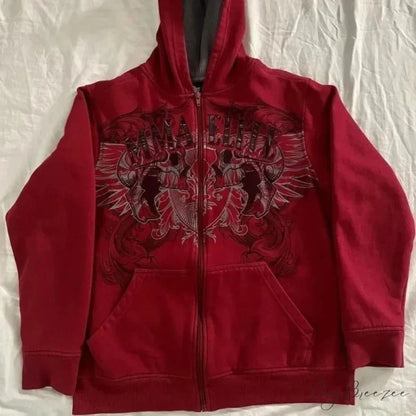 Vintage Skull Wing Zip-Up Hoodie hoodies-241228