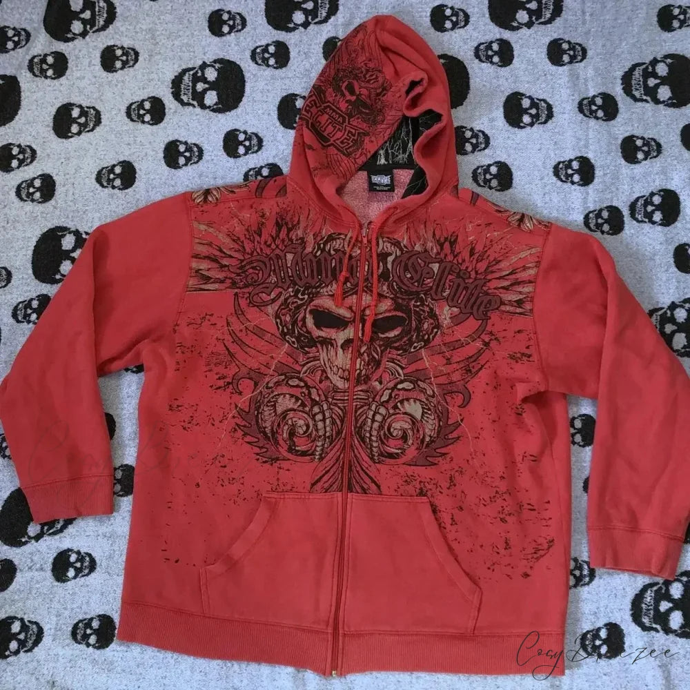 Vintage Skull Wing Zip-Up Hoodie red 1 / M hoodies-241228