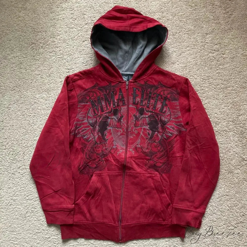 Vintage Skull Wing Zip-Up Hoodie red / M hoodies-241228