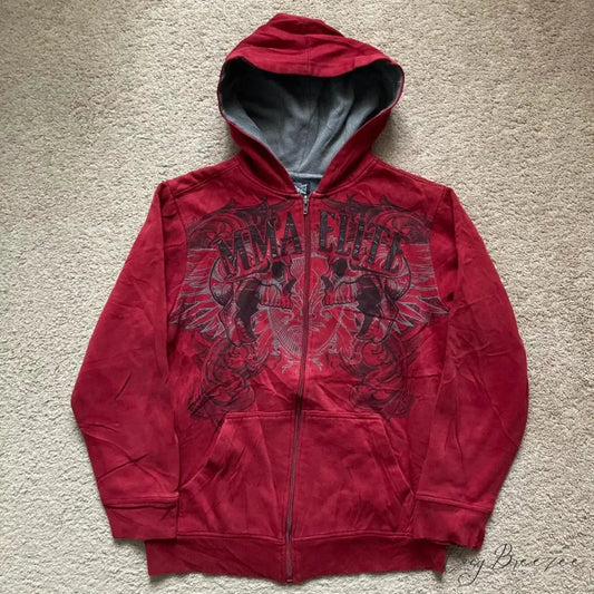 Vintage Skull Wing Zip-Up Hoodie red / M hoodies-241228