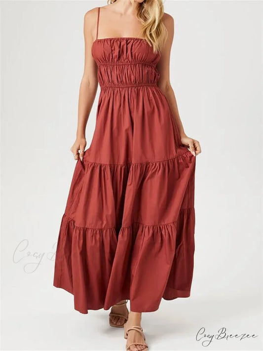 Vintage Sleeveless Strap Ruched Sling Women Low Cut Square Neck Solid Slim Party Club Vestidos RED / S
