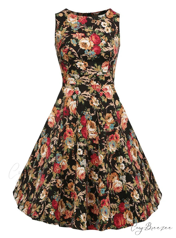 Vintage Sleeveless Tunic Dress with Belt - Elegant Rockabilly Party Dresses M / Black