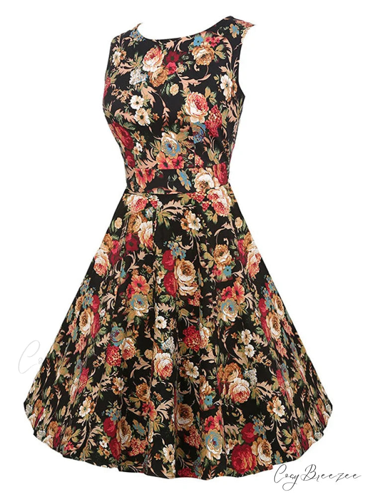 Vintage Sleeveless Tunic Dress with Belt - Elegant Rockabilly Party Dresses M / Blue