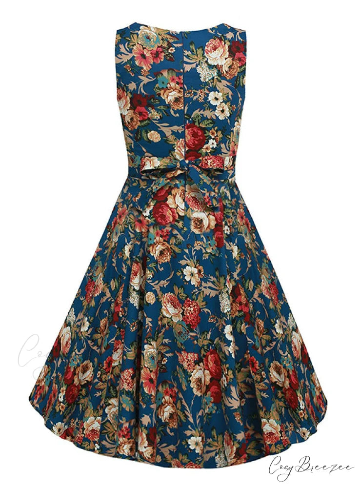 Vintage Sleeveless Tunic Dress with Belt - Elegant Rockabilly Party Dresses S / Blue