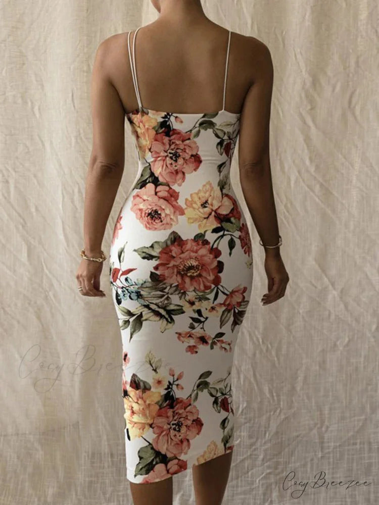 Vintage Slim Bodycon Spaghetti Strap Maxi Floral Dress floraldress-250126