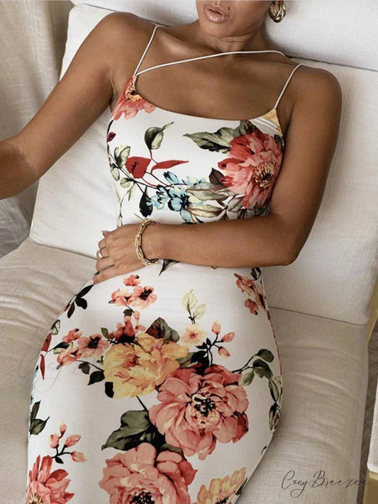 Vintage Slim Bodycon Spaghetti Strap Maxi Floral Dress WHITE / S floraldress-250126