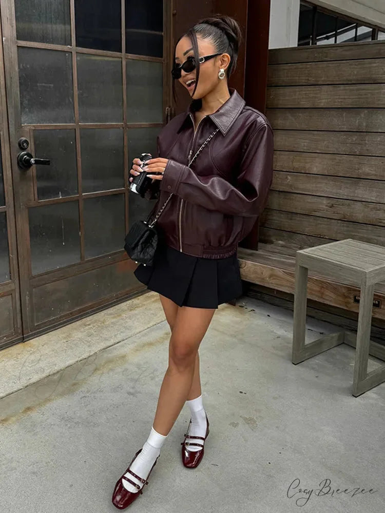 Vintage Solid PU Leather Coat coats-241228
