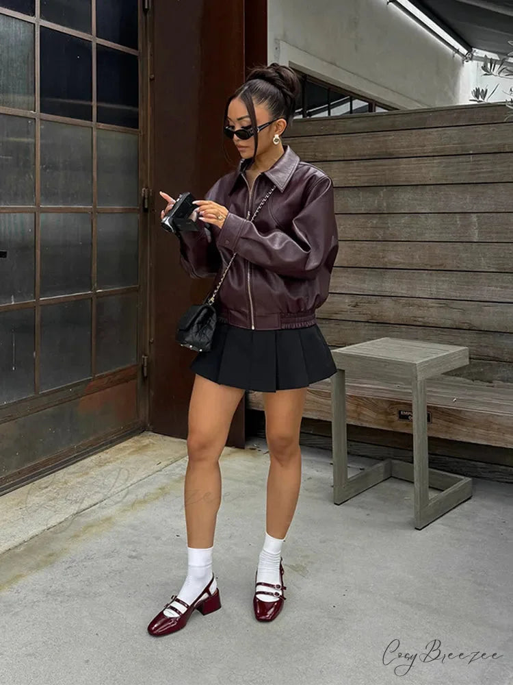 Vintage Solid PU Leather Coat coats-241228