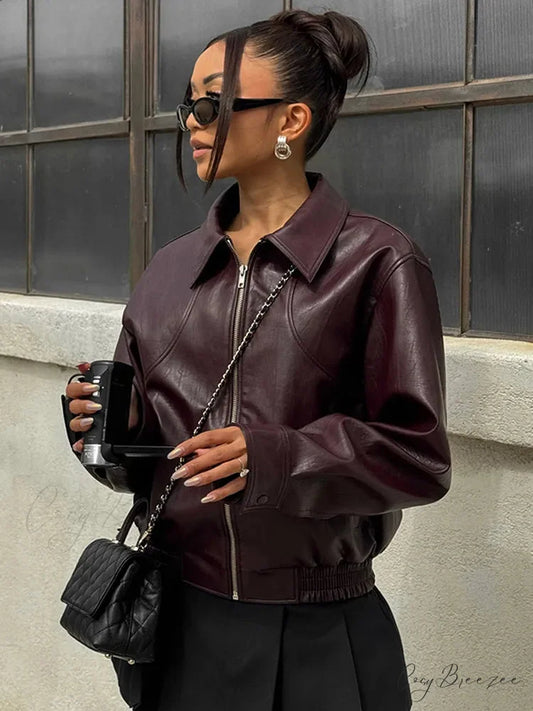 Vintage Solid PU Leather Coat Wine red / S coats-241228