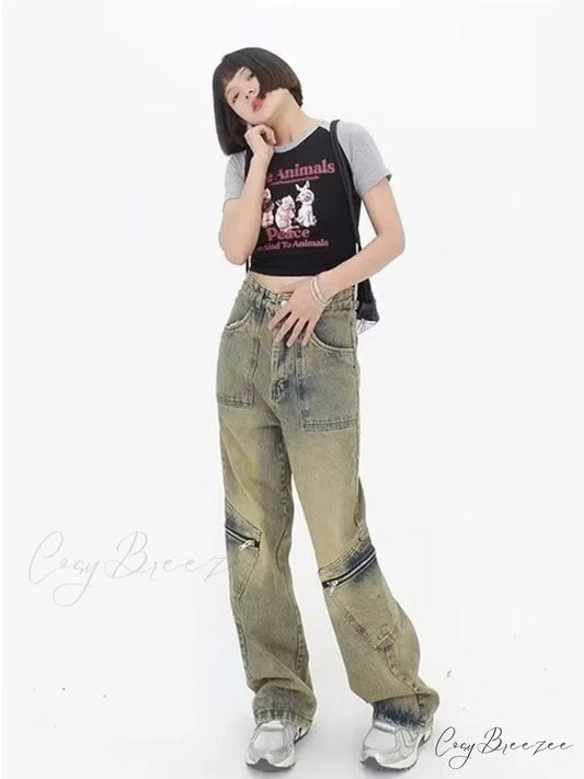 Vintage Street Deconstructed Yellow Mud Dyed Old Loose Wide Leg Women’s Jean