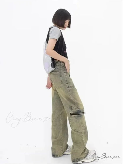 Vintage Street Deconstructed Yellow Mud Dyed Old Loose Wide Leg Women’s Jean