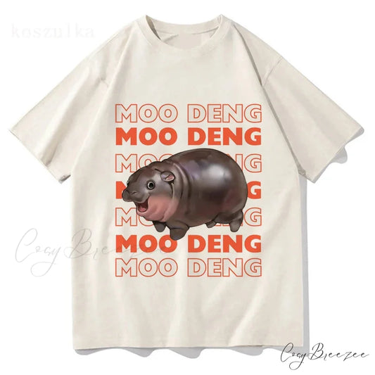 Vintage Streetwear Funny Meme Baby Hippo Unisex Cotton Graphic Men Women T-Shirts Clothing Moo Deng BEIGE / XS