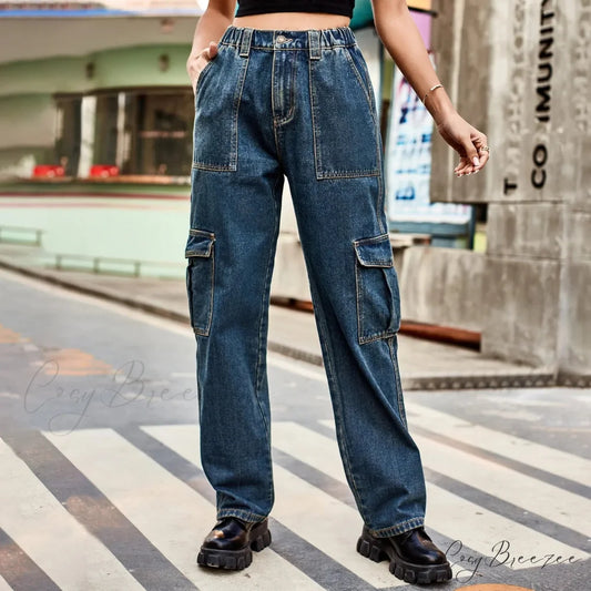 Vintage Streetwear High Waist Women American Fashion Blue Wide Leg Trouser Female Baggy Straight Denim Jean Blue / S