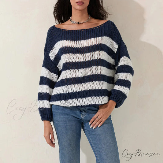 Vintage Striped Boat Neck Sweater Blue / S swraters-241228
