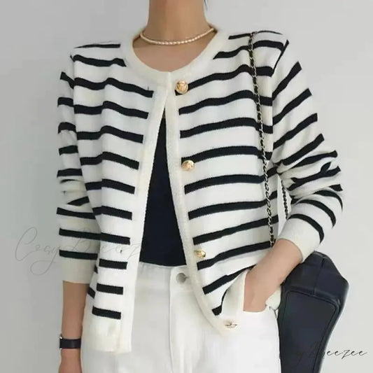 Vintage Striped Loose Knitting Simplicity Knit Cardigan Black / S cardiagn-250126