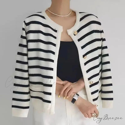 Vintage Striped Loose Knitting Simplicity Knit Cardigan cardiagn-250126