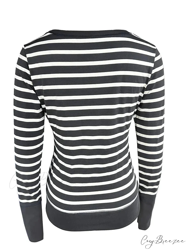 Vintage Striped Print Knitted Long Sleeve Slim Fit T-shirts