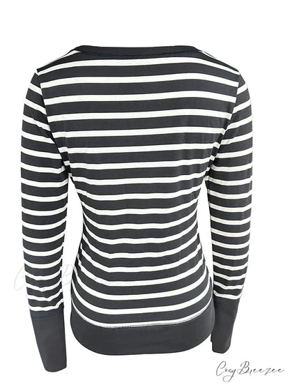 Vintage Striped Print Knitted Long Sleeve Slim Fit T-shirts