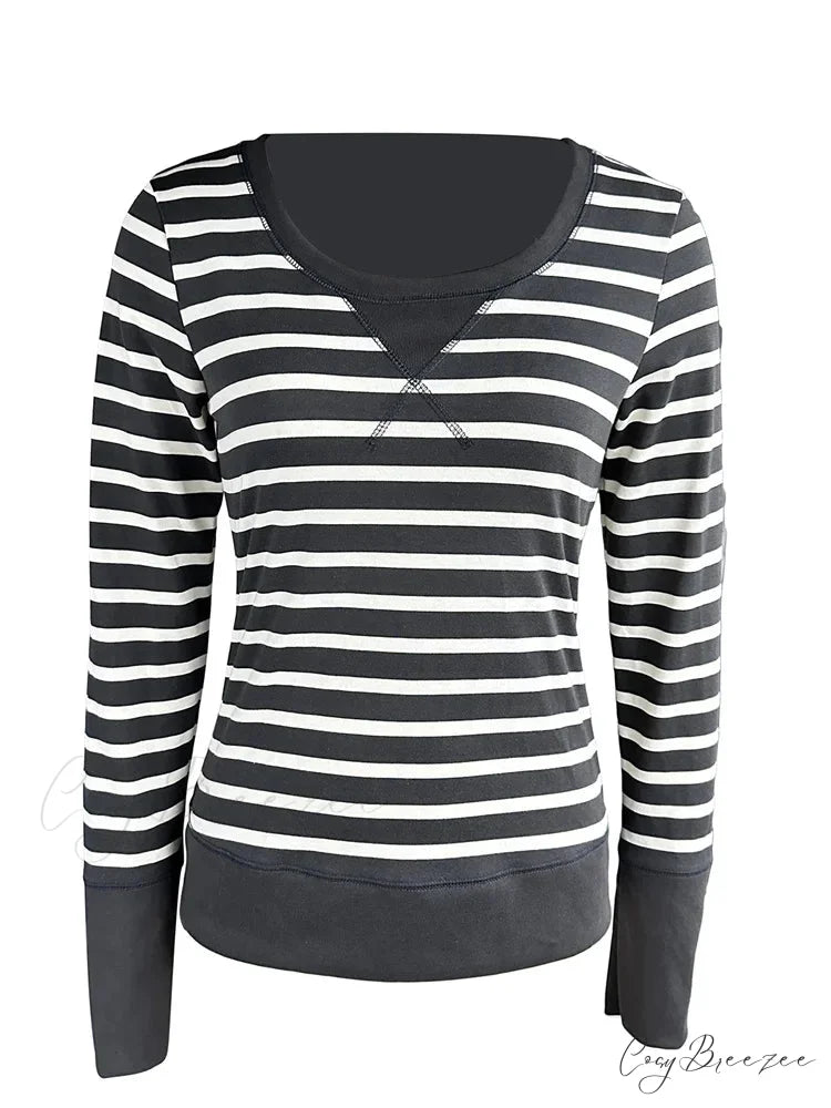 Vintage Striped Print Knitted Long Sleeve Slim Fit T-shirts