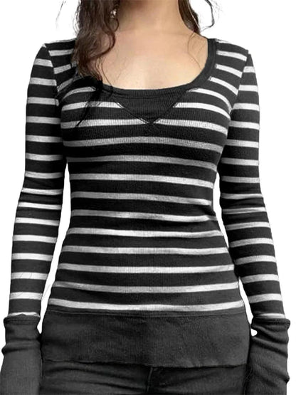 Vintage Striped Print Knitted Long Sleeve Slim Fit T-shirts BLACK / S
