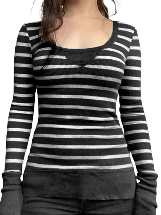 Vintage Striped Print Knitted Long Sleeve Slim Fit T-shirts BLACK / S