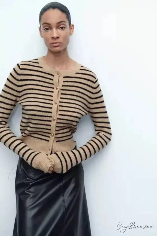 Vintage Striped Printed Round Neck Cardigan camel / S cardigans-241228