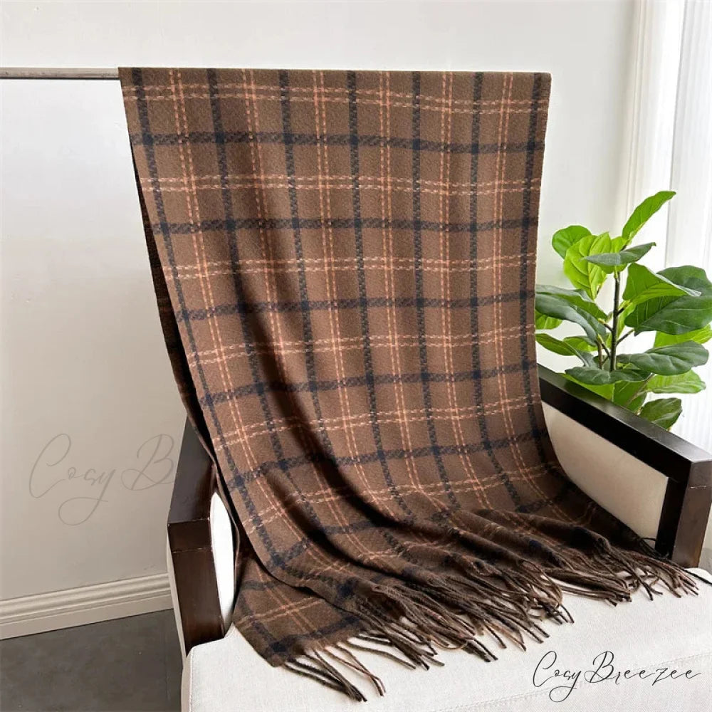 Vintage Style Cashmere Plaid Scarf - Unisex Winter Shawl Wrap BROWN