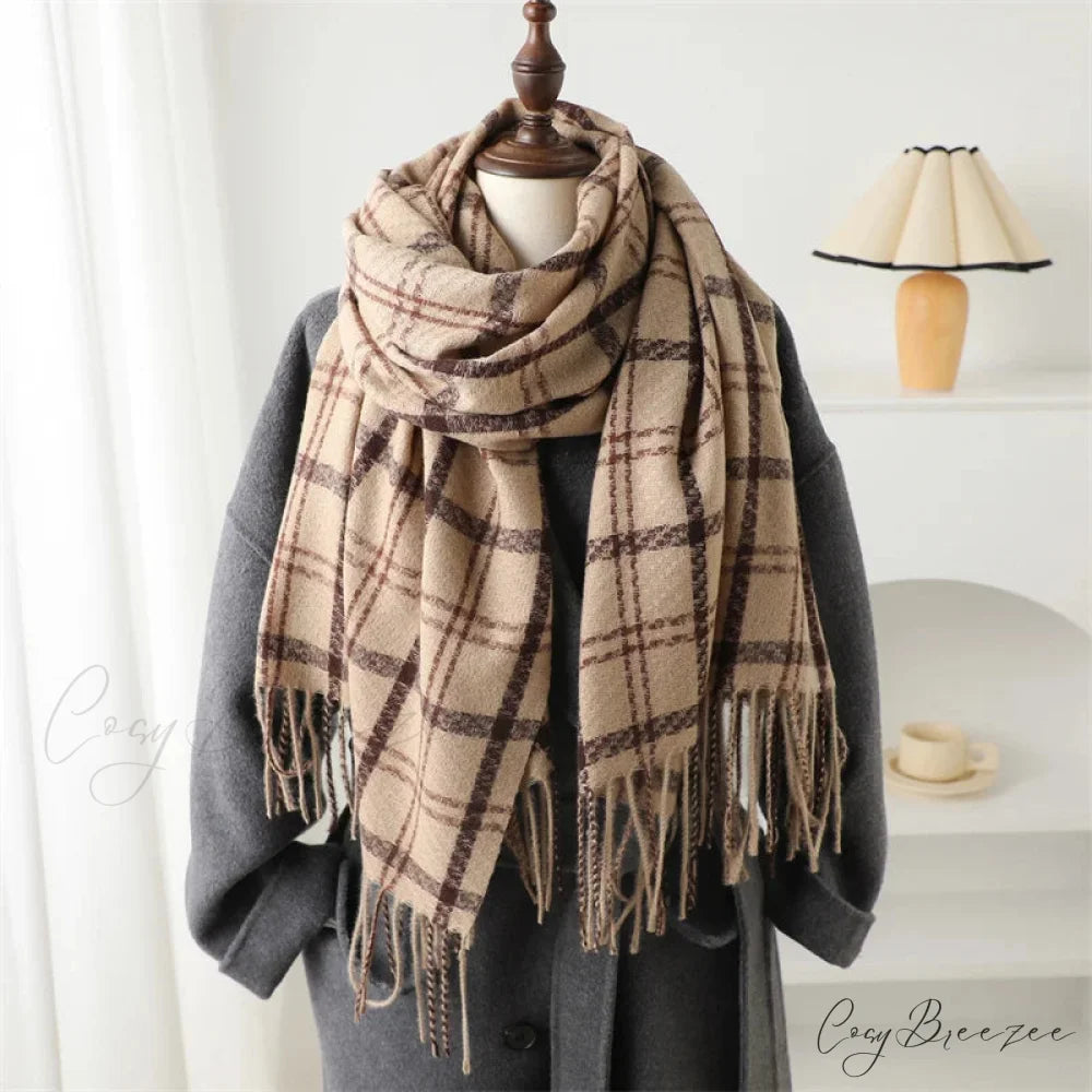 Vintage Style Cashmere Plaid Scarf - Unisex Winter Shawl Wrap KHAKI