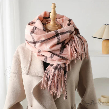 Vintage Style Cashmere Plaid Scarf - Unisex Winter Shawl Wrap PINK