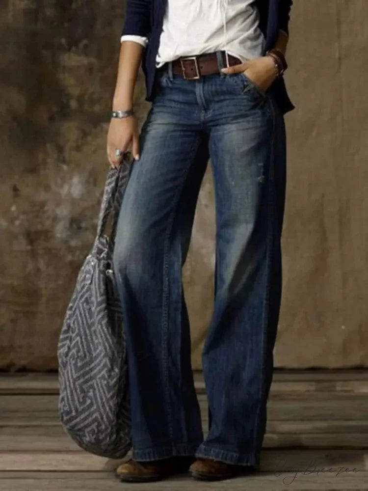 Vintage Style Loose Wide Leg Harajuku Streetwear Straight Denim Fashionable Jean Dark blue / S