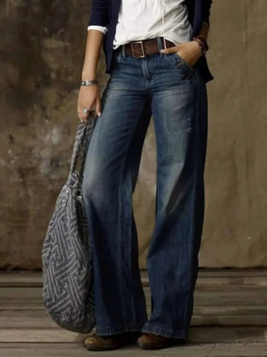Vintage Style Loose Wide Leg Harajuku Streetwear Straight Denim Fashionable Jean Dark blue / S
