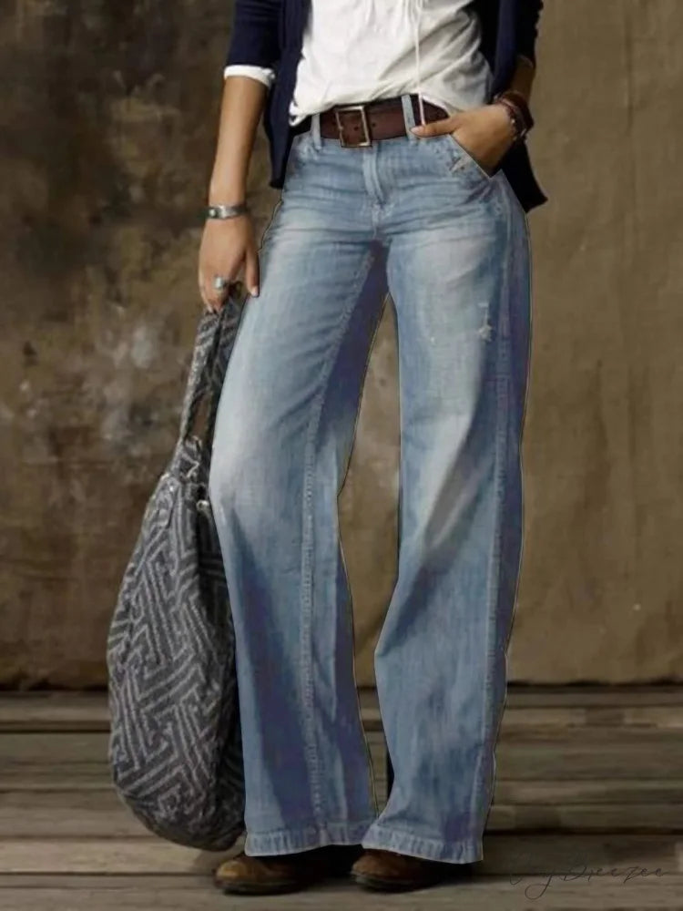 Vintage Style Loose Wide Leg Harajuku Streetwear Straight Denim Fashionable Jean Light blue / S