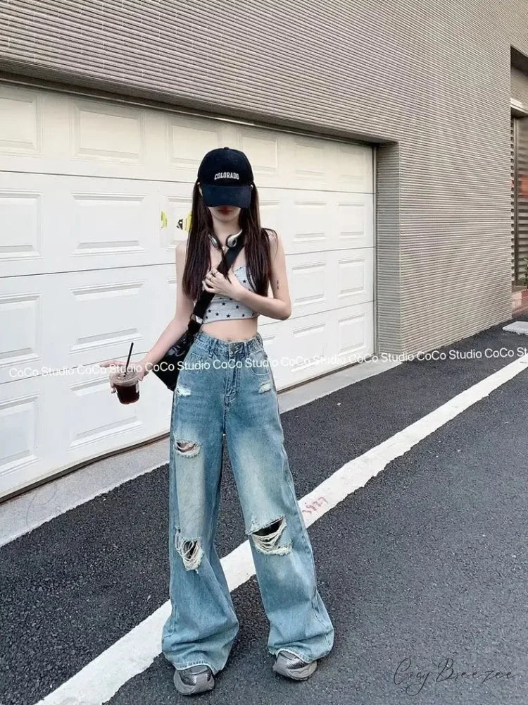 Vintage Torn High-Waisted Slimming Loose-Fitting Long Women’s Jean