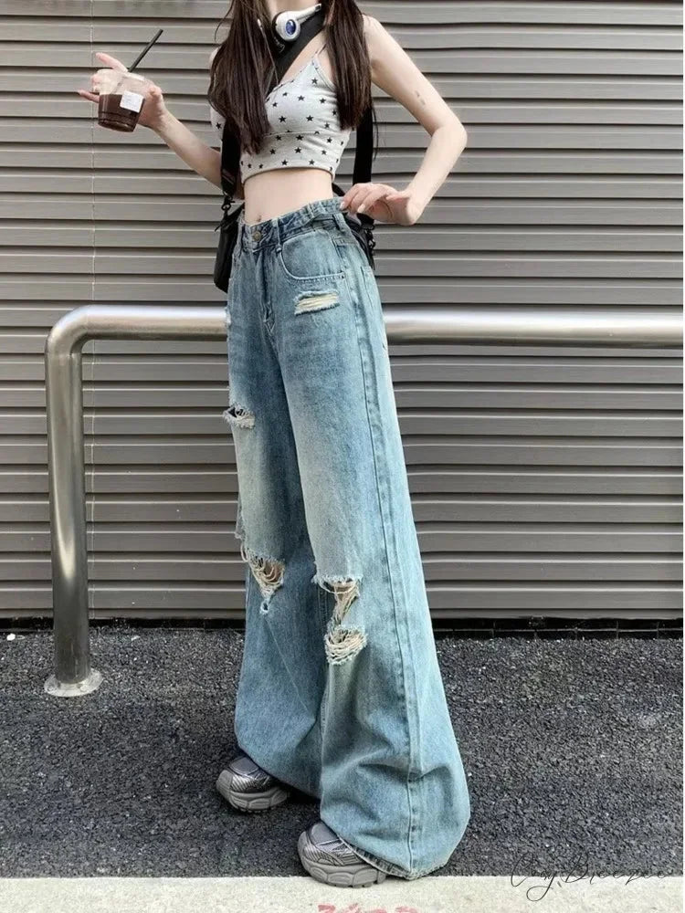 Vintage Torn High-Waisted Slimming Loose-Fitting Long Women’s Jean